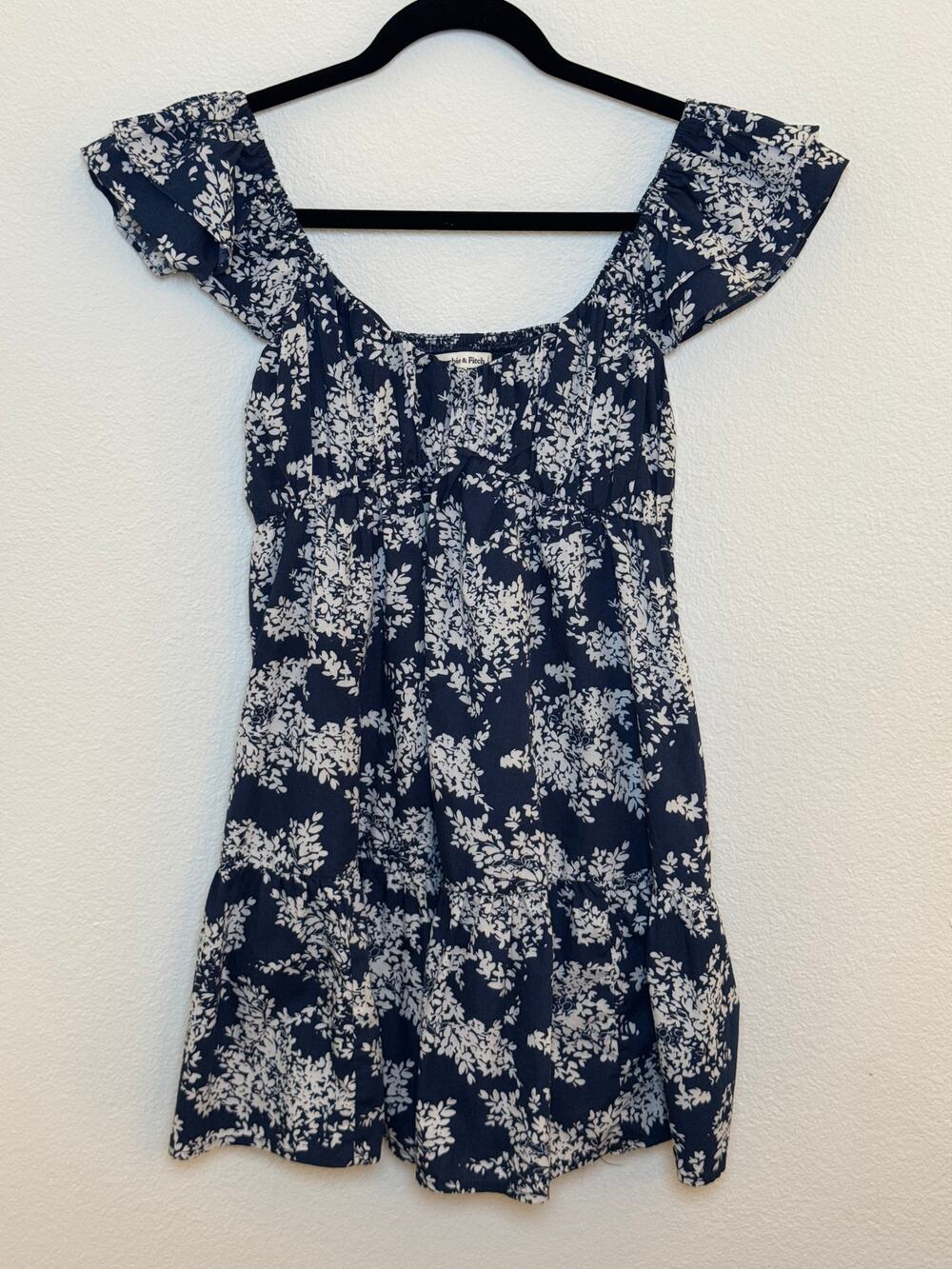 Abercrombie & Fitch Floral Milkmaid Mini Dress Navy Blue Off The Shoulder Small